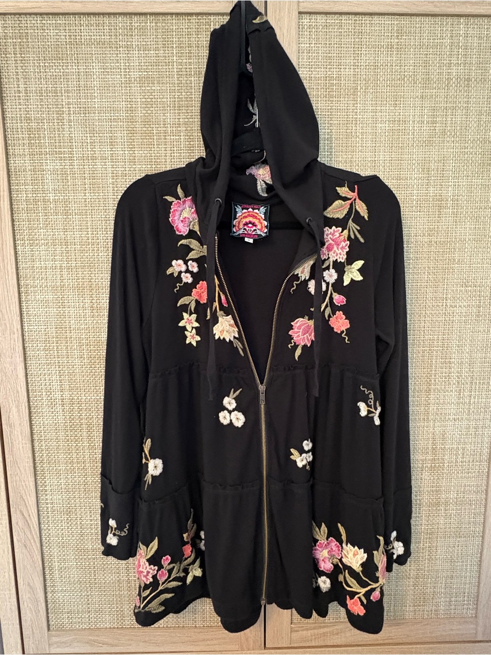 JOHNNY WAS Small Quinn Cozy Tiered Beach Zippered Hoodie Black Floral